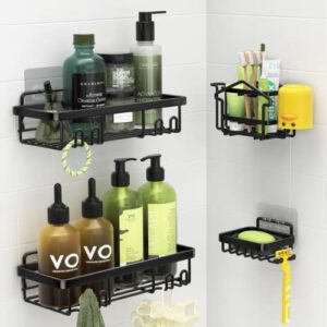 shower caddy, shower shelf for inside shower with 8 hooks, 4 pack adhesive shower organizer with soap holder and toothbrush holder,sus 304 rustproof stainless steel shower storage shower rack-black