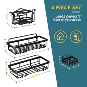 Shower Caddy, Shower Shelf for Inside Shower with 8 hooks, 4 Pack Adhesive Shower Organizer with Soap Holder and Toothbrush Holder,SUS 304 Rustproof Stainless Steel Shower Storage Shower Rack-Black