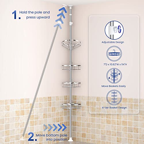 SEIRIONE Rustproof Shower Corner Caddy Organizer for Bathroom, 4 Adjustable Shelves with Tension Pole, for Bathtub Shampoo Accessories Storage Holder, 56 to 114 Inch Height