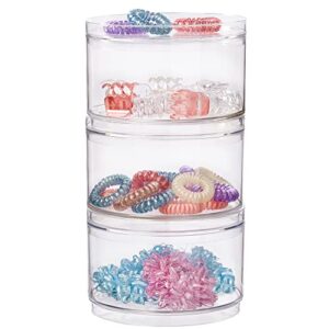 stori bella 3-piece stackable clear plastic container set | round vanity storage organizers with lids for hair accessories & beauty supplies | made in usa