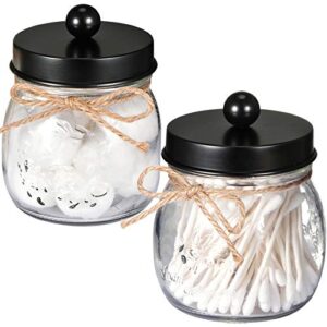 sheechung apothecary jars set,mason jar decor bathroom vanity storage organizer canister,premium glass qtip holder dispenser for cotton swabs,ball-stainless steel lid (black, 2-pack)