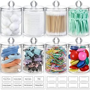 8 pack qtip holder dispenser with lids & labels, cotton ball, cotton swab, cotton round pads, floss storage canister - clear plastic apothecary jar for bathroom vanity makeup organizer (12oz & 10oz)