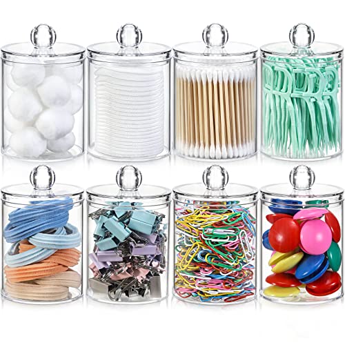 8 Pack Qtip Holder Dispenser with Lids & Labels, Cotton Ball, Cotton Swab, Cotton Round Pads, Floss Storage Canister - Clear Plastic Apothecary Jar for Bathroom Vanity Makeup Organizer (12oz & 10oz)