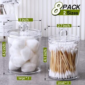 8 Pack Qtip Holder Dispenser with Lids & Labels, Cotton Ball, Cotton Swab, Cotton Round Pads, Floss Storage Canister - Clear Plastic Apothecary Jar for Bathroom Vanity Makeup Organizer (12oz & 10oz)