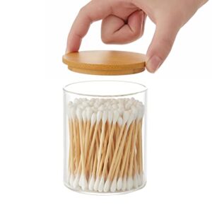 INIUNIK Glass Qtip Holder Dispenser with Bamboo Lid 2 Pack Apothecary Jars Cotton Balls Pads Swabs Holder Jar Bathroom Vanity Canisters Jars for Countertop Storage and Organization