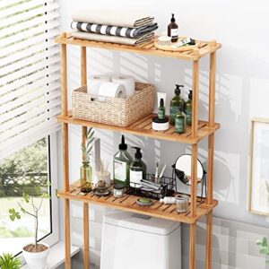 AmazerBath Over The Toilet Storage Shelf Bamboo, 3-Tier Over Toilet Organizer Rack, Freestanding Above Toilet Shelf for Bathroom, Laundry, Space Saver, Natural Color