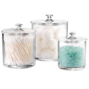 premium quality acrylic qtip holder apothecary jars bathroom vanity organizer canister for qtips,cotton swabs,cotton balls,cosmetic pads,flossers,nail polish,bath salts,clear,plastic | 3-pack