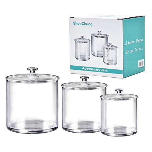 Premium Quality Acrylic Qtip Holder Apothecary Jars Bathroom Vanity Organizer Canister for Qtips,Cotton Swabs,Cotton Balls,Cosmetic Pads,Flossers,Nail Polish,Bath Salts,Clear,Plastic | 3-Pack