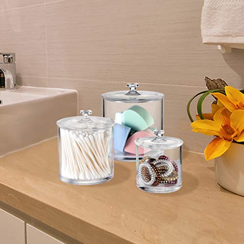 Premium Quality Acrylic Qtip Holder Apothecary Jars Bathroom Vanity Organizer Canister for Qtips,Cotton Swabs,Cotton Balls,Cosmetic Pads,Flossers,Nail Polish,Bath Salts,Clear,Plastic | 3-Pack