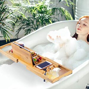 Utoplike Bamboo Bathtub Caddy Tray Bath Tray for Tub, Adjustable Bathroom Bathtub Organizer with Book Tablet Wine Glass Cup Towel Holder,Distinctive Gift (24.5"-37.4")