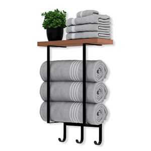 zujjafy towel racks for bathroom wall mounted towel rack with wooden shelf & 3 hooks, towel holder for small bathroom wall decor, bath towel storage for rolled towels organizer, matte black