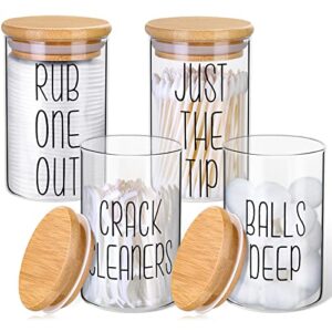 4 pack qtip holder glass dispenser with bamboo lids for bathroom organization, apothecary jars for cotton ball holder and bathroom canister storage great for cotton swabs, balls, floss, bathroom décor