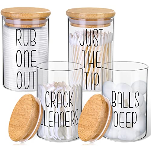 4 Pack Qtip Holder Glass Dispenser with Bamboo Lids for Bathroom Organization, Apothecary Jars for Cotton Ball Holder and Bathroom Canister Storage Great for Cotton Swabs, Balls, Floss, Bathroom Décor