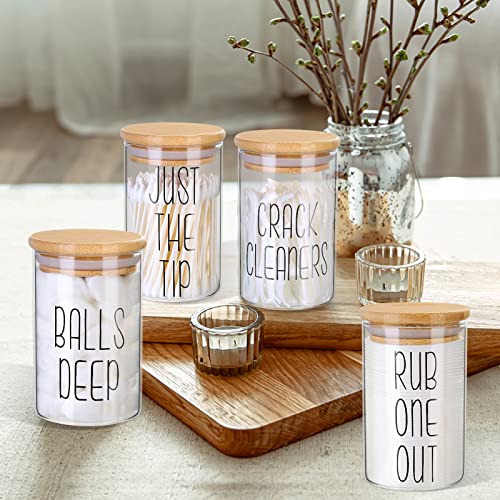 4 Pack Qtip Holder Glass Dispenser with Bamboo Lids for Bathroom Organization, Apothecary Jars for Cotton Ball Holder and Bathroom Canister Storage Great for Cotton Swabs, Balls, Floss, Bathroom Décor