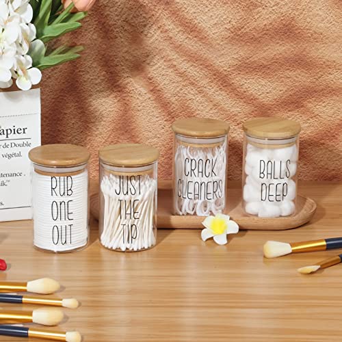 4 Pack Qtip Holder Glass Dispenser with Bamboo Lids for Bathroom Organization, Apothecary Jars for Cotton Ball Holder and Bathroom Canister Storage Great for Cotton Swabs, Balls, Floss, Bathroom Décor