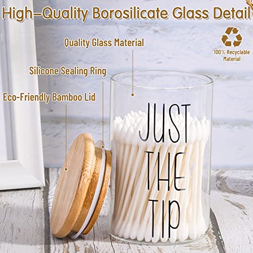 4 Pack Qtip Holder Glass Dispenser with Bamboo Lids for Bathroom Organization, Apothecary Jars for Cotton Ball Holder and Bathroom Canister Storage Great for Cotton Swabs, Balls, Floss, Bathroom Décor