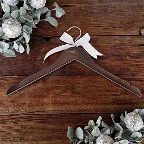 Yean Flower Wedding Hangers Mrs Bride Dress Hanger Ribbon Hanger Bow Engraved Bridal Gown Hanger for Women (Classic Wood Color)