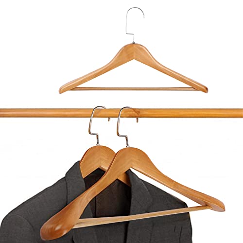 Wooden Hangers Wide Shoulder Wood Hangers 10 Pack Coat Hangers Suit Hangers with Non Slip Pant Bar Smooth Finish 360° Swivel Hook Solid Wood Hangers for Dress, Jacket, Sweater, Pants, Suit