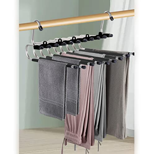 DIFENLUN Trouser Rack,2 Pack,5 Layer Multifunctional Trouser Rack,Space-Saving Stainless Steel,Non-Slip Design,Suitable for Pants Skirt Scarf,Magic Hangers(Black)