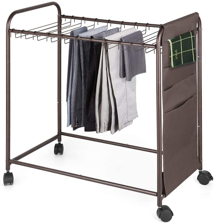 Pants Hangers Rolling Trolley Rack with 20 Hangers and Side Bag Metal Pants Rack Closet Organizer for Jeans Trousers Scarves Skirts, Bronze