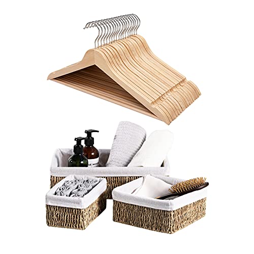 FairyHaus Wood Coat Hangers 30 Pack & Seagrass Storage Baskets