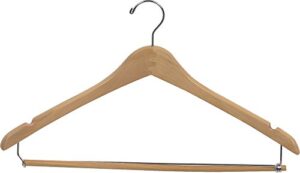 the great american hanger company curved wood suit hanger w/locking bar, box of 25 17 inch hangers w/natural finish & chrome swivel hook & notches for shirt dress or pants