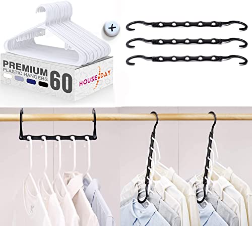 HOUSE DAY Space Saving Hangers10 Pack and Plastic Hangers 60pack, Save More Than 80% of Your Closet Space