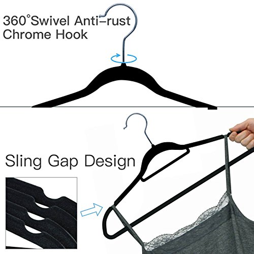 Ommani Velvet Hangers, Non Slip Clothes Hangers Heavy Duty Durable Space Saving with 360 Degree Swivel Chrome Hook Accessory Bar, Velvet Suit Hangers for Coat Skirt Shirt Pants Dress - 20 Pack Black