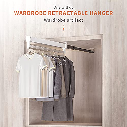 550mm/21.6'' Pull-Out Closet Valet Rod Adjustable Wardrobe Clothing Rail Top Mount Wardrobe Hanger Rack Bar Ball Bearing Slide Heavy Duty