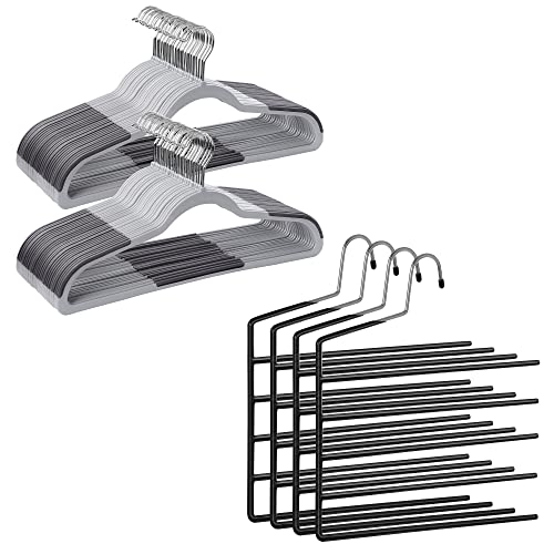 SONGMICS 50-Pack Coat Hangers and 4 Pants Hanger Bundle, Open Pants Organizers, Plastic and Metal Hangers, Multipurpose, Non-Slip, Light and Dark Gray, Black UCRF50G and UCRI034B02