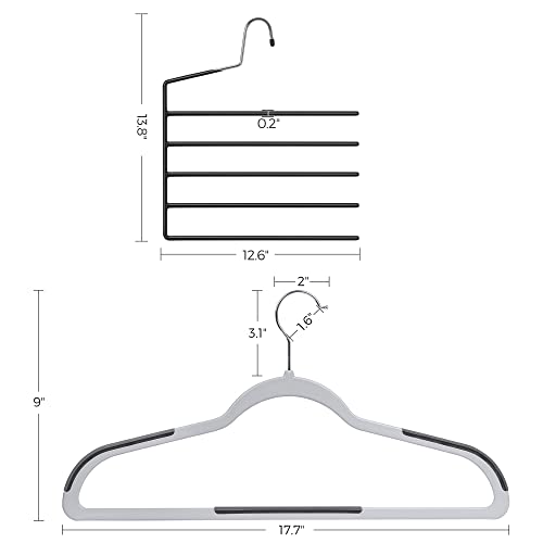 SONGMICS 50-Pack Coat Hangers and 4 Pants Hanger Bundle, Open Pants Organizers, Plastic and Metal Hangers, Multipurpose, Non-Slip, Light and Dark Gray, Black UCRF50G and UCRI034B02