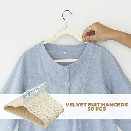 Halter Velvet Hangers 50 Pack Non Slip Suit Hanger Swivel Hook with Free Drawer Closet Organizer Divider | Beige