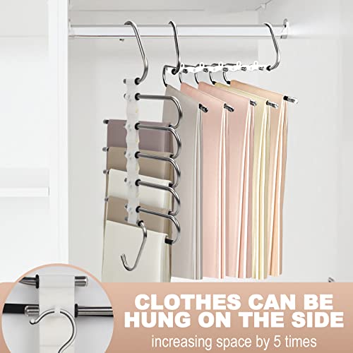 2 Pack Multifunctional Pants Rack, 5 Layers Space Saving Pants Hangers Stainless Steel Clothes Jeans Hangers Clothes Hangers for Pants Jeans Trousers Skirts Scarf