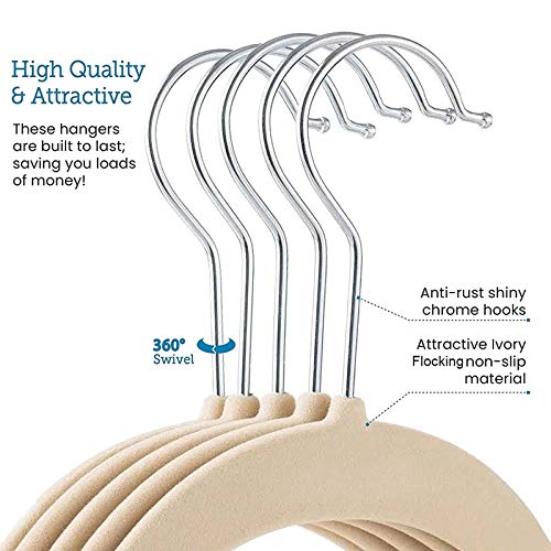 WALNUT Non-Slip Flocking Hanger,Suit Hanger (20 Pieces) Thin Space-Saving Rotating Hook Strong and Durable Hanger,Ivory