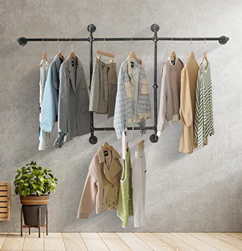 ZYUXUAN Industrial Wall Clothes Rack, Heavy-Duty Clothing Rack, Pipe Style Garment Rack with Four Hanging Rods for Bedroom, Laundry Room, Retail Store, Rustic Black (four hanging rods)