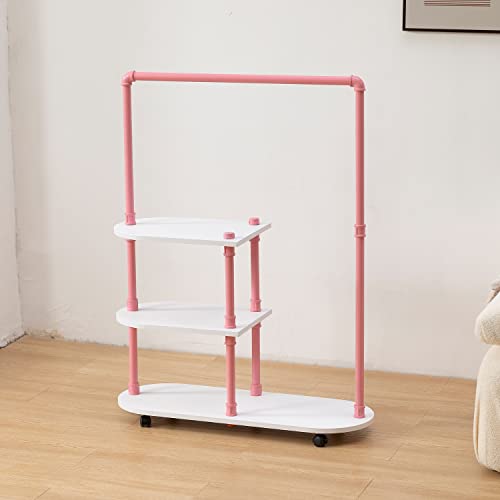 ZYUXUAN Dress up Rack, Child Garment Rack, Kids Clothing Rack with Storage Shelves, Small Open Wood Clothes Rack with Rolling Wheels for Small Spaces, Industrial Pipes Garment rack, Pink White