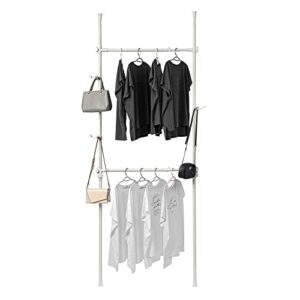 adjustable clothing rack, double rod clothing rack, 2 tier clothes rack, adjustable hanger for hanging clothes, closet rack, freestanding,white