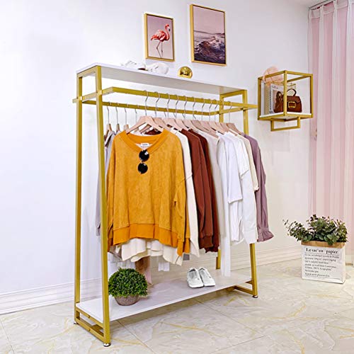 FONECHIN Metal Garment Rack with 2 Wood Shelves Gold Clothing Rack Heavy Duty Free-Standing Retail Display Clothes Racks for Hanging Clothes Boutique Store 59"