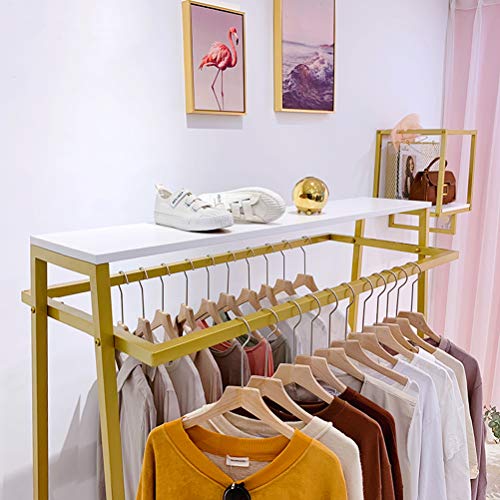 FONECHIN Metal Garment Rack with 2 Wood Shelves Gold Clothing Rack Heavy Duty Free-Standing Retail Display Clothes Racks for Hanging Clothes Boutique Store 59"