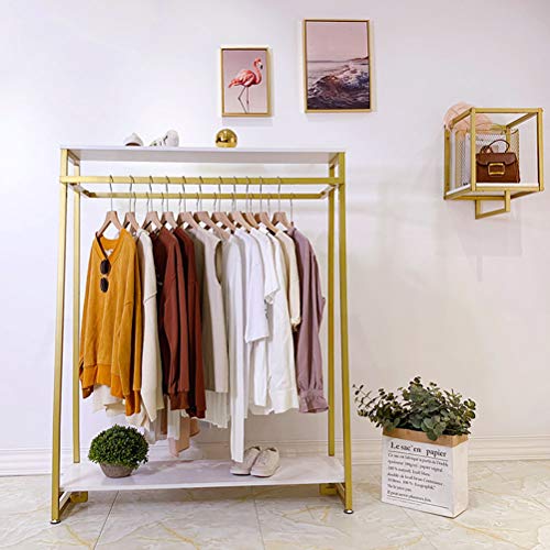 FONECHIN Metal Garment Rack with 2 Wood Shelves Gold Clothing Rack Heavy Duty Free-Standing Retail Display Clothes Racks for Hanging Clothes Boutique Store 59"