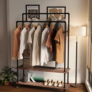 TEDIDUWA Industrial Pipe Clothing Rack,Industrial Clothing Rack with Shelf,Heavy Duty clothes rack on Wheels, Garment Rack Double Hanging Rods,For Bedroom, Lanudry room,Living room, Retail store