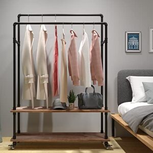 TEDIDUWA Industrial Pipe Clothing Rack,Industrial Clothing Rack with Shelf,Heavy Duty clothes rack on Wheels, Garment Rack Double Hanging Rods,For Bedroom, Lanudry room,Living room, Retail store