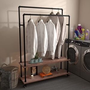 TEDIDUWA Industrial Pipe Clothing Rack,Industrial Clothing Rack with Shelf,Heavy Duty clothes rack on Wheels, Garment Rack Double Hanging Rods,For Bedroom, Lanudry room,Living room, Retail store