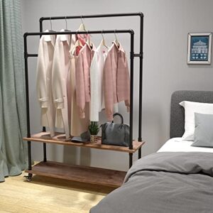 TEDIDUWA Industrial Pipe Clothing Rack,Industrial Clothing Rack with Shelf,Heavy Duty clothes rack on Wheels, Garment Rack Double Hanging Rods,For Bedroom, Lanudry room,Living room, Retail store