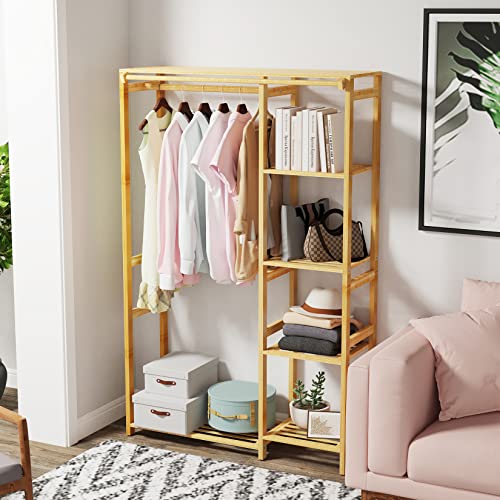 MOUTIK Bamboo Open Wardrobe Coat Stands: Wood Clothing Hanging Rail Garment Rack with Back Cover - Freestanding 6 Shelves Closet Organizer for Clothes Shoes Storage