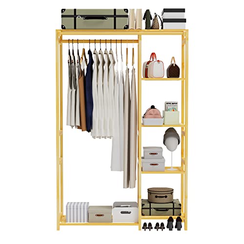 MOUTIK Bamboo Open Wardrobe Coat Stands: Wood Clothing Hanging Rail Garment Rack with Back Cover - Freestanding 6 Shelves Closet Organizer for Clothes Shoes Storage