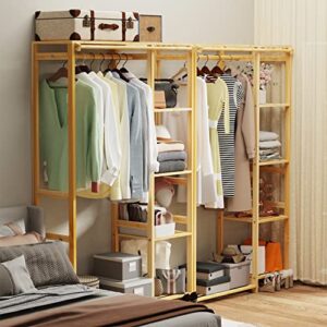 MOUTIK Bamboo Open Wardrobe Coat Stands: Wood Clothing Hanging Rail Garment Rack with Back Cover - Freestanding 6 Shelves Closet Organizer for Clothes Shoes Storage