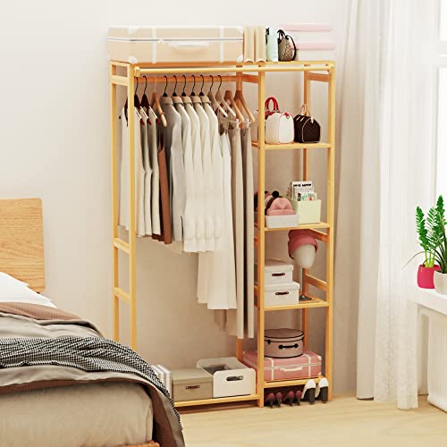 MOUTIK Bamboo Open Wardrobe Coat Stands: Wood Clothing Hanging Rail Garment Rack with Back Cover - Freestanding 6 Shelves Closet Organizer for Clothes Shoes Storage