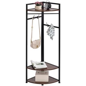 matico metal corner clothing garment rack with wooden storage shelves, 3 tier clothes drying hanger rack stand for hanging clothes, freestanding corner thin shelving organizer towel rack, black