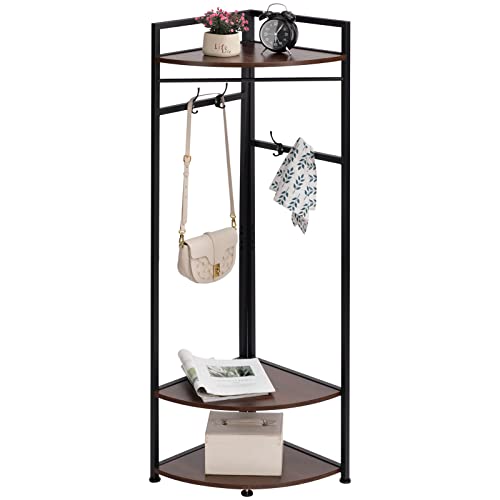 MATICO Metal Corner Clothing Garment Rack with Wooden Storage Shelves, 3 Tier Clothes Drying Hanger Rack Stand for Hanging Clothes, Freestanding Corner Thin Shelving Organizer Towel Rack, Black